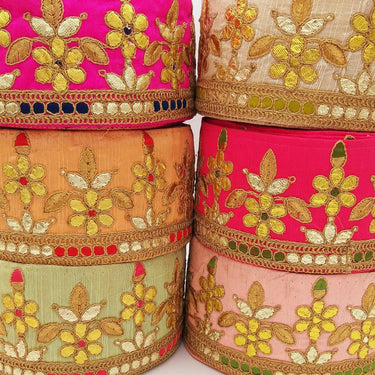 Orange Art Silk Fabric Trim, Red & Gold Floral Embroidery Gota Patti Indian Sari Border Trim By Yard Decorative Trim Craft Lace
